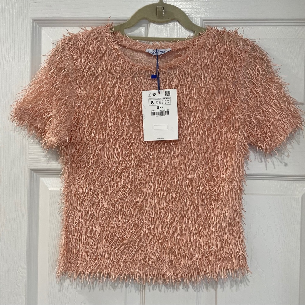 Zara Peach Textured Fringe Short Sleeve Top